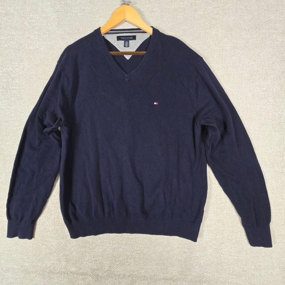 Tommy Hilfiger Mens Navy Blue V-Neck 100% Cotton Knit Sweater XL Logo